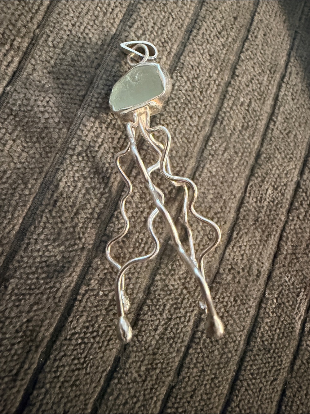 Handcrafted Silver Sea Glass Pendant Necklace in Pale Green floating jellyfish